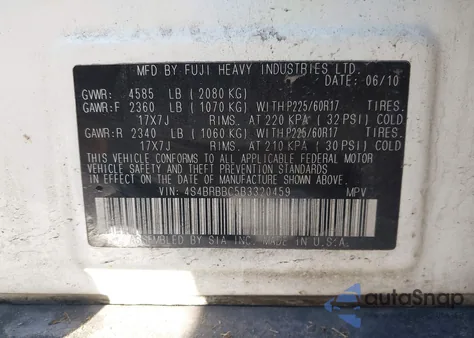 2011 Subaru Outback 2.5I Premium z USA, uszkodzony, nr VIN 4S4BRBBC5B3320459